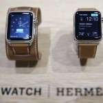 The new Apple Watch with a Hermes band is displayed following an Apple event Wednesday, Sept. 9, 2015, in San Francisco. Apple staked a new claim to the living room on Wednesday, as the maker of iPhones and other hand-held gadgets unveiled an Internet TV system that's designed as a beachhead for the tech giant's broader ambitions to deliver a wide range of information, games, music and video to the home. (AP Photo/Eric Risberg)