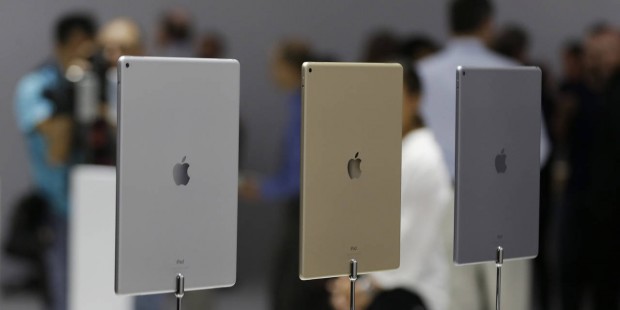 The new Apple iPad Pro is displayed in three different finishes following an Apple event Wednesday,...