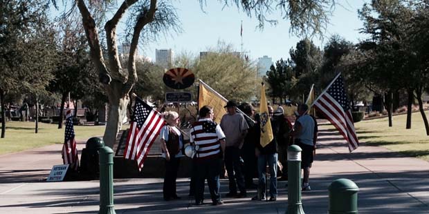 Protesters gathered at the Arizona Capitol. (KTAR/ Bob McClay)...