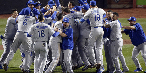 Member of the Kansas City Royals celebrates after Game 5 of the Major League Baseball World Series ...