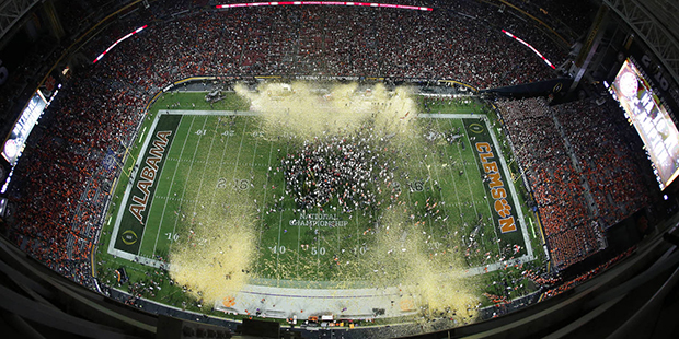 Confetti falls after the NCAA college football playoff championship game between Clemson and Alabam...