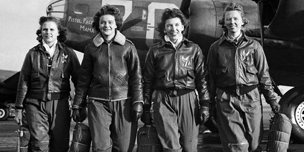 WASP (from left) Frances Green, Margaret Kirchner, Ann Waldner and Blanche Osborn leave their B-17,...