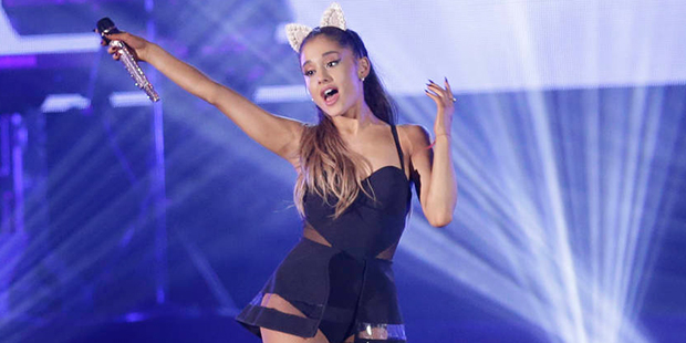 Ariana Grande performs during the Honeymoon Tour concert in Jakarta, Indonesia,Wednesday, Aug. 26, ...