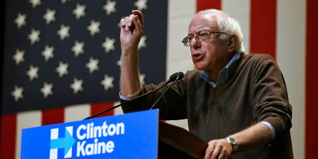 Sen. Bernie Sanders, I-Vt., gestures while campaigning for Democratic presidential candidate Hillar...