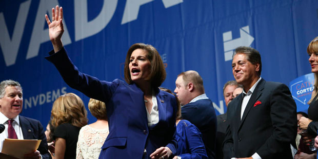 Sen.-elect Catherine Cortez Masto, D-Nev., waves to supporters after her victory at an election wat...