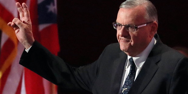 FILE - In this July 21, 2016, file photo, Sheriff Joe Arpaio, of Arizona, walks on the stage to speak during the final day of the Republican National Convention in Cleveland. Arpaio was decisively defeated in the election on Nov. 8. (AP Photo/Paul Sancya, File)