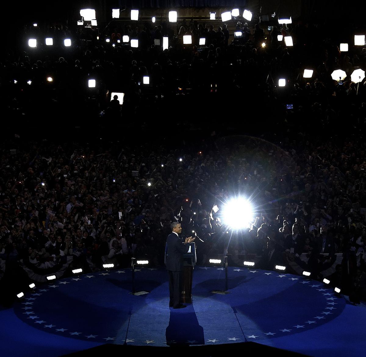 President Barack Obama speaks at his election night party in Chicago, on November 7, 2012. (AP Photo/M. Spencer Green)