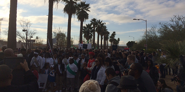 A shot of the crowd at the march from Pilgrim's Rest Baptist Church to Margaret T. Hance Park. (Pho...