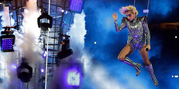 Singer Lady Gaga performs during the halftime show of the NFL Super Bowl 51 football game between t...