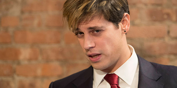 Milo Yiannopoulos speaks during a news conference, Tuesday, Feb. 21, 2017, in New York.  Yiannopoul...