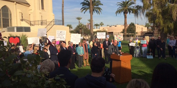 Faith leaders and other groups gathered at Grace Lutheran Church in Phoenix on Feb. 2, 2017, to den...