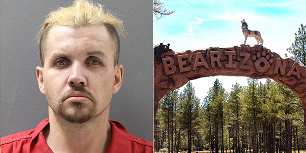 The suspect, John Freeman, is shown at left. The entry sign for Bearizona is shown at right. (Yavap...