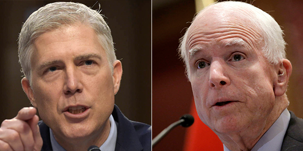 Judge Neil Gorsuch, left, and Arizona Sen. John McCain. (AP Photos)...