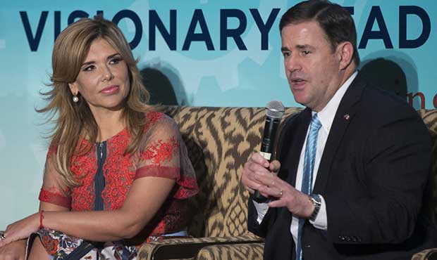 Sonora Gov. Claudia Pavlovich listens to Arizona Gov. Doug Ducey at a forum with Sonora at the Fair...