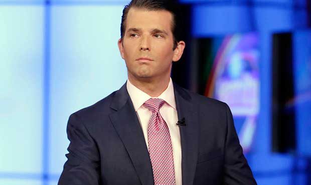 In this July 11, 2017, photo, Donald Trump Jr. is interviewed by host Sean Hannity on the Fox News ...