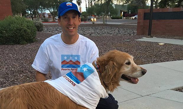 The new Peoria, Arizona, flag is featured on shirts, hats, and even dog gear, shown here. (Photo co...
