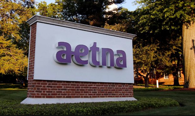 This Thursday, June 1, 2017, photo, shows a sign on the campus of the Aetna headquarters, in Hartfo...