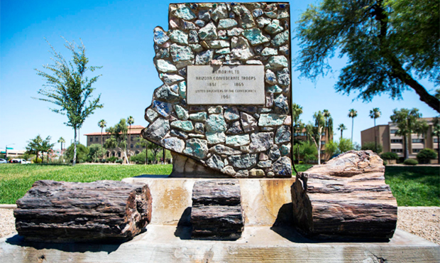 This June 5, 2017 file photo shows a monument to Arizona Confederate soldiers, presented by the Uni...