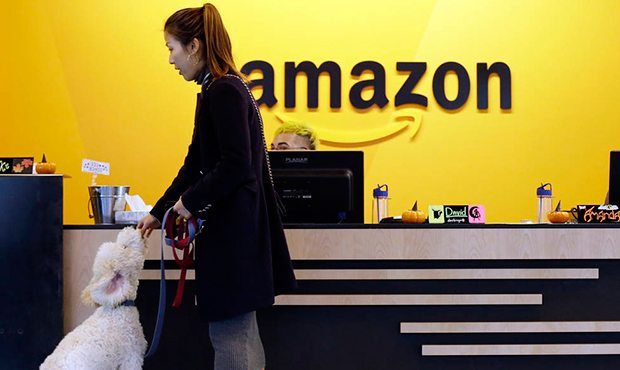 FILE - In this Wednesday, Oct. 11, 2017, file photo, an Amazon employee gives her dog a biscuit as ...