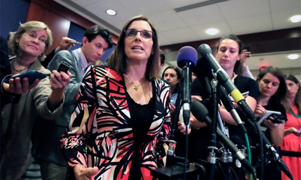 FILE - In this June 14, 2017 file photo Rep. Martha McSally, R-Ariz. speaks to reporters on Capitol...