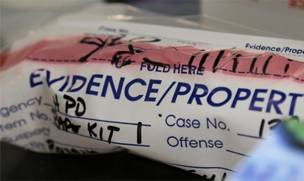 This Thursday, April 2, 2015 photo shows an evidence bag from a sexual assault case in the biology ...
