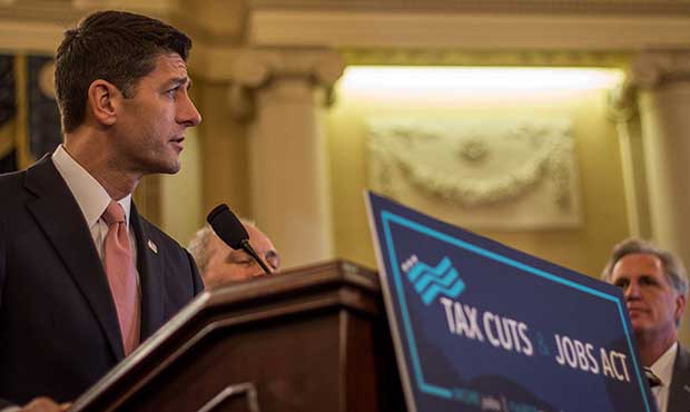 House Speaker Paul Ryan at the unveiling of the Tax Cuts  and Jobs Act. Among many provisions in th...