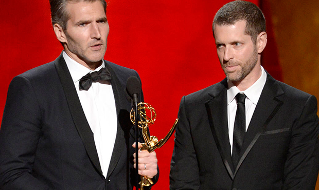 FILE - In this Sept. 20, 2015 file photo, David Benioff, left, and D.B. Weiss accept the award for ...