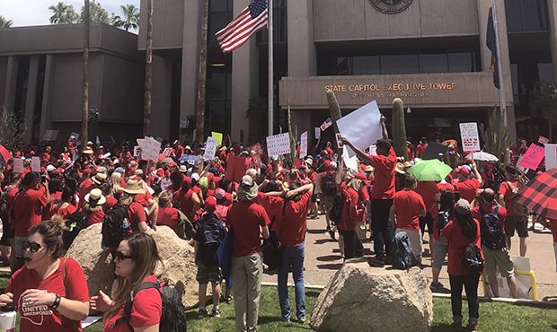 Teachers and supporters gather at the Arizona State Capitol on April 30, 2018 for a third day of wa...
