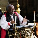 
              The Most Rev Bishop Michael Curry, primate of the Episcopal Church, speaks during the wedding ceremony of Prince Harry and Meghan Markle at St. George's Chapel in Windsor Castle in Windsor, near London, England, Saturday, May 19, 2018. (Owen Humphreys/pool photo via AP)
            
