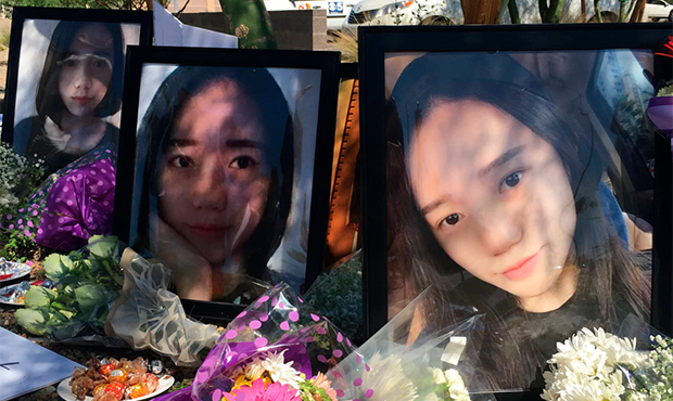 Yue Jiang is shown in large photographs at a memorial over two years after her death in Tempe, Ariz...
