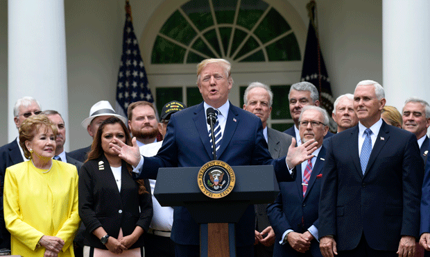 President Donald Trump participates in a bill signing ceremony for the "VA Mission Act" in the Rose...