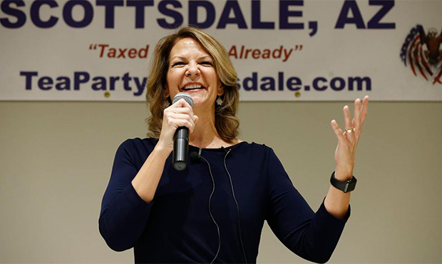 In this May 17, 2018, photo, Republican Senate candidate Kelli Ward talks about her platform polici...