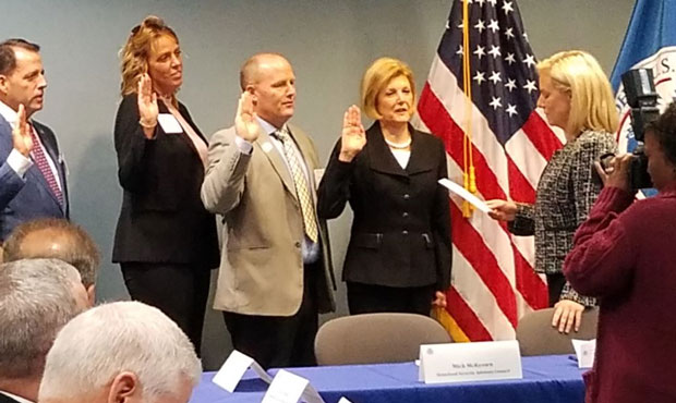 Cochise County Sheriff Mark Dannels (center) and others are sworn into the Homeland Security Adviso...