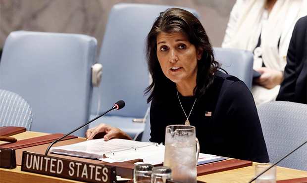 U.S. Ambassador Nikki Haley addresses the United Nations Security Council, Monday, Sept. 17, 2018, ...