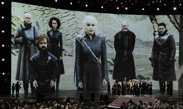 "Game of Thrones" cast and crew members accept the Emmy Award for Best Drama onstage at the 70th Pr...