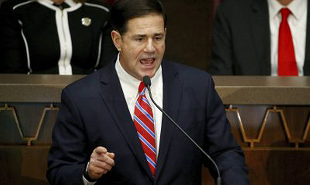Arizona Gov. Doug Ducey gestures while giving his state of the state address Monday, Jan. 14, 2019,...
