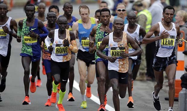 Geoffrey Kirui, of Kenya, leads the pack during the 123rd Boston Marathon on Monday, April 15, 2019...