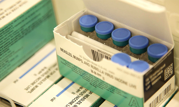Measles, mumps and rubella vaccines are seen in a cooler at the Rockland County Health Department i...