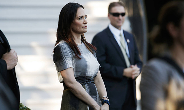 In this June 21, 2019 photo, Stephanie Grisham, spokeswoman for first lady Melania Trump, watches a...