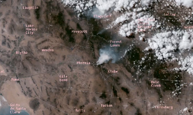 See smoke plumes from Woodbury Fire near Phoenix on satellite image