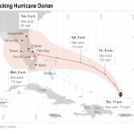 
              Map shows Hurricane Dorian's projected path; 3c x 3 inches; 146 mm x 76 mm;
            