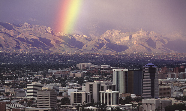 Rainbow over Tucson with Santa Catalina mountains behind, Arizona, USA, As of September 2011, this ...