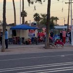 Outside Arizona Veterans Memorial Coliseum in Phoenix on Feb. 18, 2020.  President Donald Trump will hold a rally at the fairgrounds Feb. 19. (KTAR News Photo/Peter Samore)