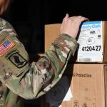 Arizona National Guard personnel prepare boxes of personal protective equipment for transport to Chinle, Ariz., April 4th, 2020 at Papago Park Military Reservation. More than 800 AZNG personnel continue to serve across the state in response to the on-going emergency. (U.S. Air National Guard Photo by Staff Sergeant Kelly Greenwell)
