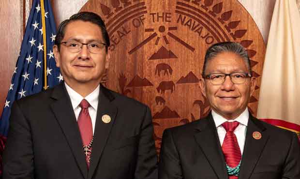 Navajo Nation President Jonathan Nez, left, and Vice President Myron Lizer went into self-quarantin...
