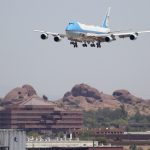 PHOENIX, ARIZONA - MAY 05:  Air Force One lands into Sky Harbor Airport on May 05, 2020 in Phoenix, Arizona. US President Donald Trump is visiting Arizona to tour a Honeywell mask factory and hold a roundtable on Native American issues. (Photo by Christian Petersen/Getty Images)