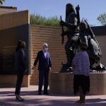 From left, Cindy McCain, vice presidential candidate Sen. Kamala Harris, D-Calif., and Democratic presidential candidate former Vice President Joe Biden, visit the American Indian Veterans National Memorial with tribal leaders and veterans at Heard Museum in Phoenix, Thursday, Oct. 8, 2020. (AP Photo/Carolyn Kaster)