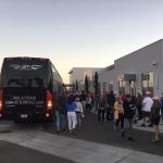 Hundreds of people line up outside of a Prescott, Arizona, church waiting to be shuttled to Pfescott Regional Airport for President Donald Trump's rally Monday, Oct. 19, 2020. (KTAR News Photo/Jim Cross)