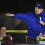 
              FILE - In this March 21, 2019 file photo, Nicaragua's President Daniel Ortega speaks next to first lady and Vice President Rosario Murillo during the inauguration ceremony of a highway overpass in Managua, Nicaragua. Nicaragua’s National Police have arrested on Tuesday, June 8, 2021, two more potential challengers to President Ortega, the third and fourth opposition pre-candidates for the Nov. 7 elections detained in the past week. (AP Photo/Alfredo Zuniga, File)
            