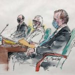 
              In this courtroom artist sketch Tahawwur Rana, middle, appears with his attorneys during an extradition hearing in federal US court in Los Angeles, Thursday, June 24, 2021. A federal judge is weighing whether Rana, a former Chicago businessman, will be extracted to India in connection with his alleged involvement in the 2008 Mumbai terrorist attack in which 166 people, including six Americans were killed. (Bill Robles for AP)
            